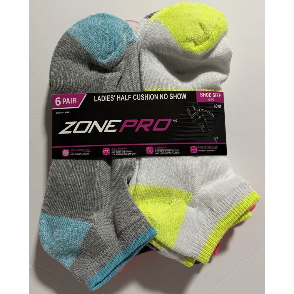 Zone Pro Womens No Show Socks 6 Pair Half Cushion Low Cut Shoe Size 4-10 NEW